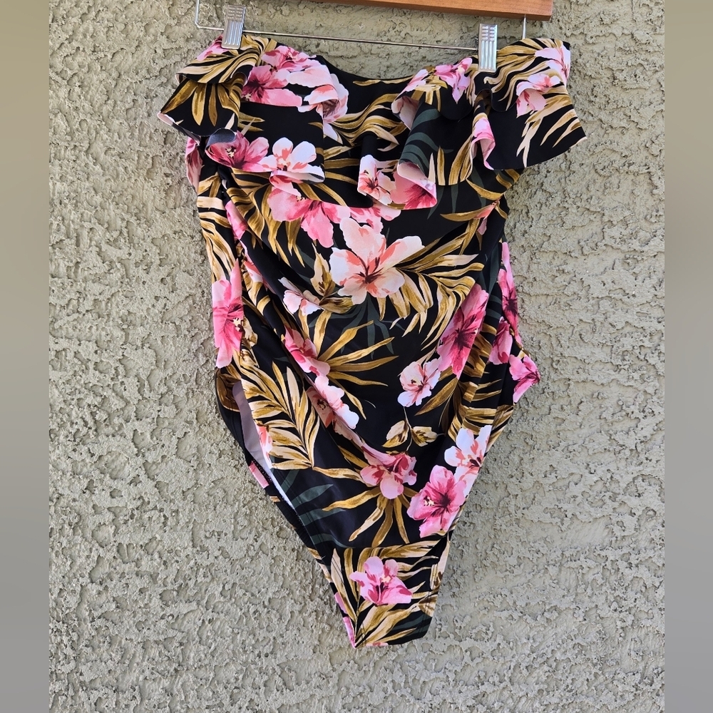 Kona Sol Black Floral Ruffle One-Piece Swimsuit